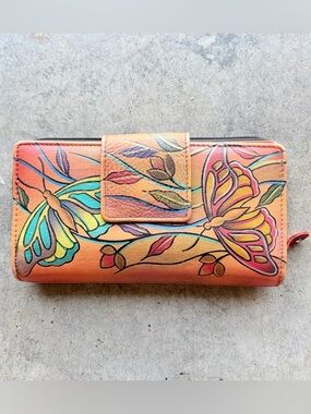 ANNA BY ANUSCHKA Hand Painted Signed Leather Wallet Butterflies